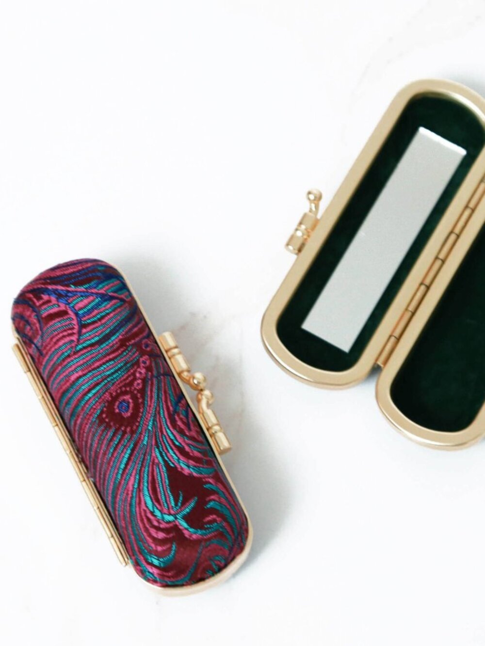 Peacock Brocade Lipstick Holder with Mirror | Purple & Blue